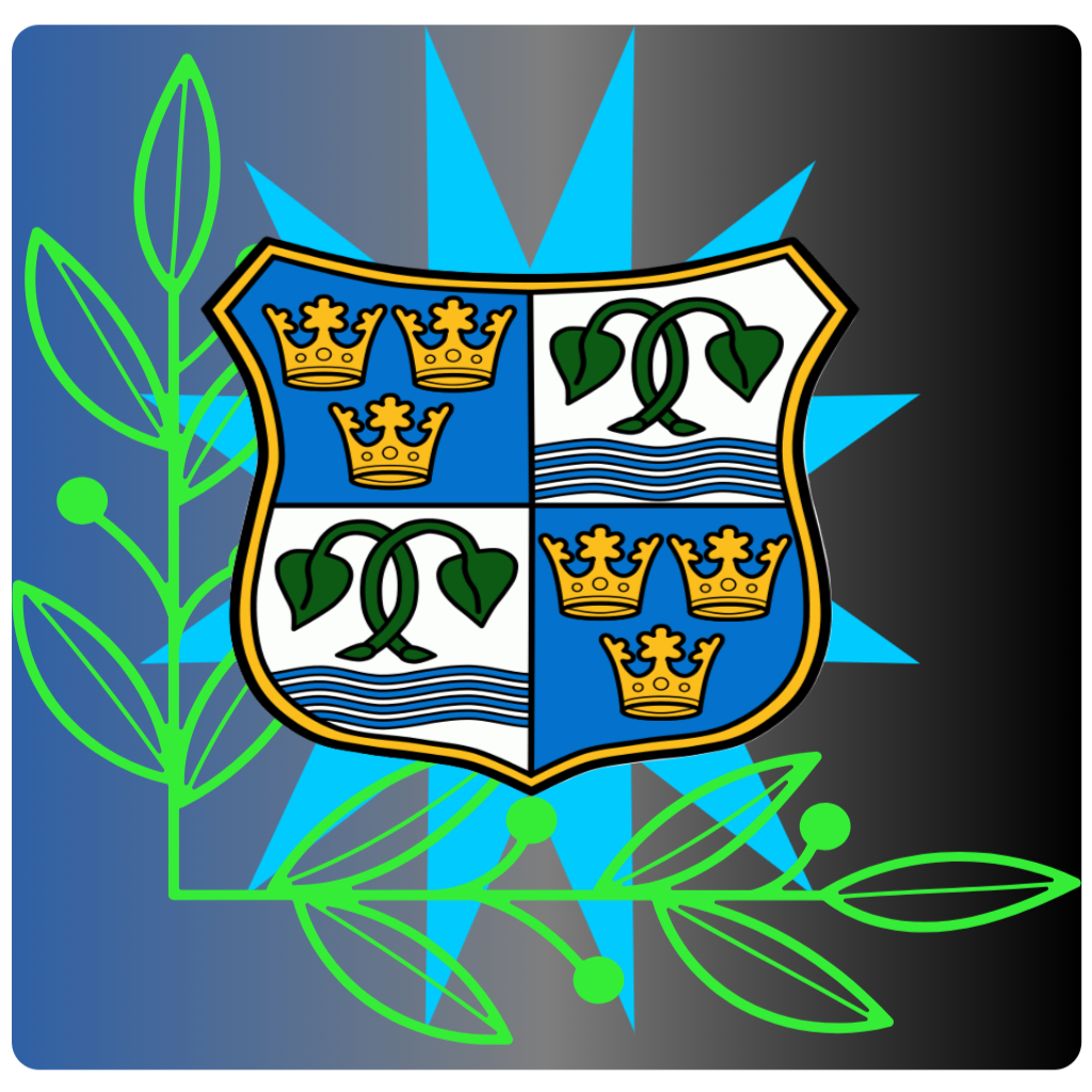 Image shows the lake Trgernsee city crest depicting four separate fields, two fields with three golden crowns each and two fields with a sea flower. The background shows a blue starburst, and the left side framed in a green vine.