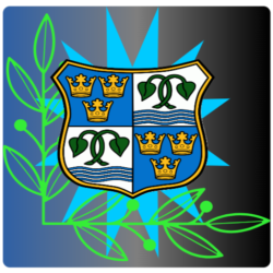 Image shows the lake Trgernsee city crest depicting four separate fields, two fields with three golden crowns each and two fields with a sea flower. The background shows a blue starburst, and the left side framed in a green vine.