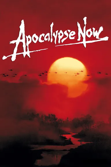 This image depicts the Apocalypse now movie poster showing a rising sun on a red background above a jungle. In the background are Army helicopters.  